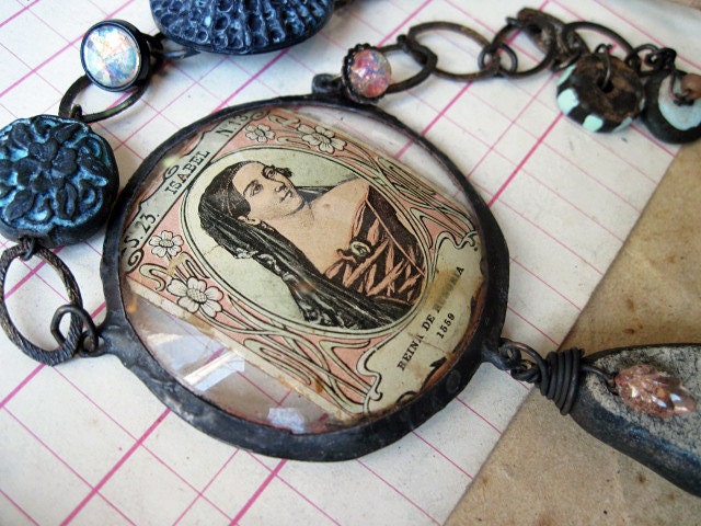 Queen Isabel. Rustic Victorian Tribal Mixed Media Assemblage Necklace.