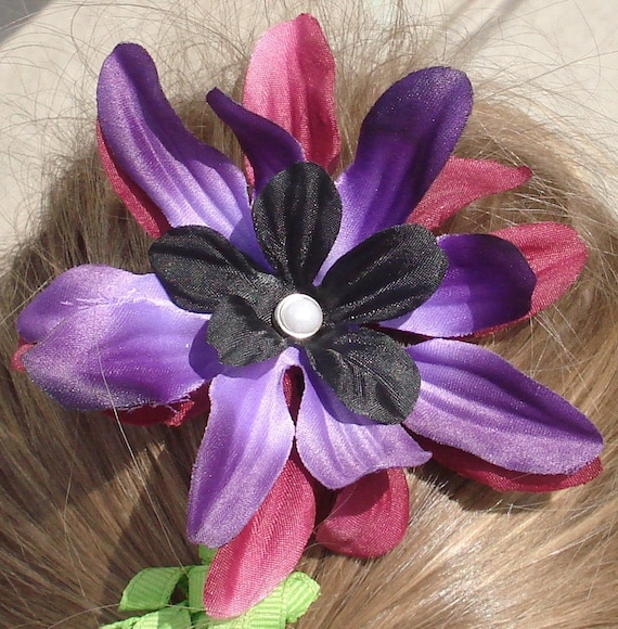 Purple and Black flower hair clip with FREE SHIPPING