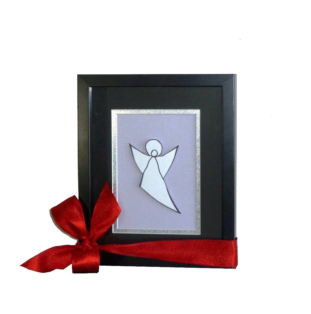 Framed Angel Art, White Lavender Silver, Matted