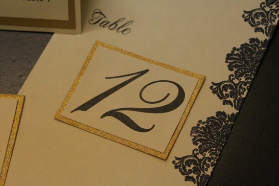 Wedding Table Numbers Luxe Edition Gold Ivory with Black Damask Custom