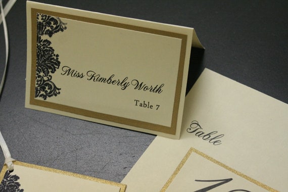 Wedding Escort Cards Luxe Edition Elegant Gold Ivory and Black Damask 