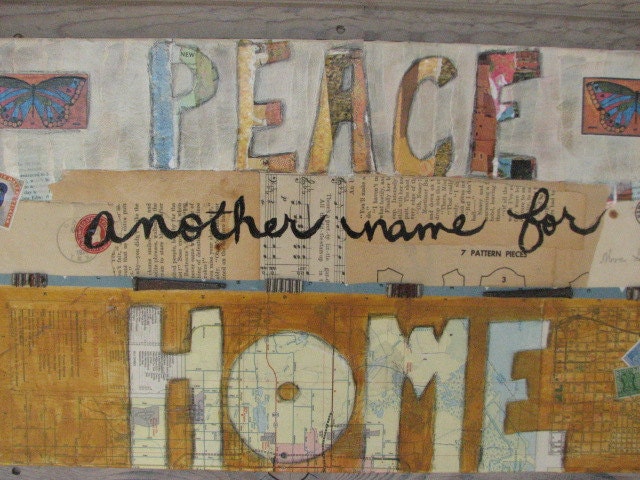 Home  Original Inspirational mixed media on canvas Maps, word art, vintage ephemera