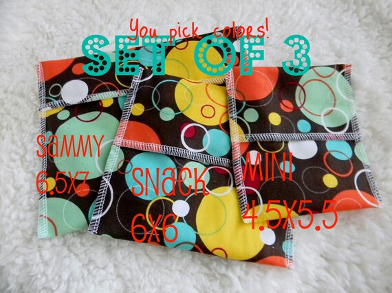 3 bags - Reusable Ecofriendly Sandwich Bag Snack Bag and Mini Bag - You Pick the fabric - 18 choices