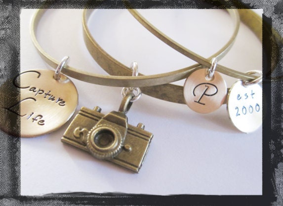 Hand Stamped Bracelet - Bangle Set with Charms.....Hand Stamped in Brass....Capture Life....Camera