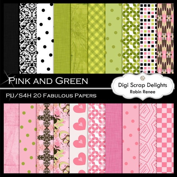 Pink and Green Digital Scrapbook Papers