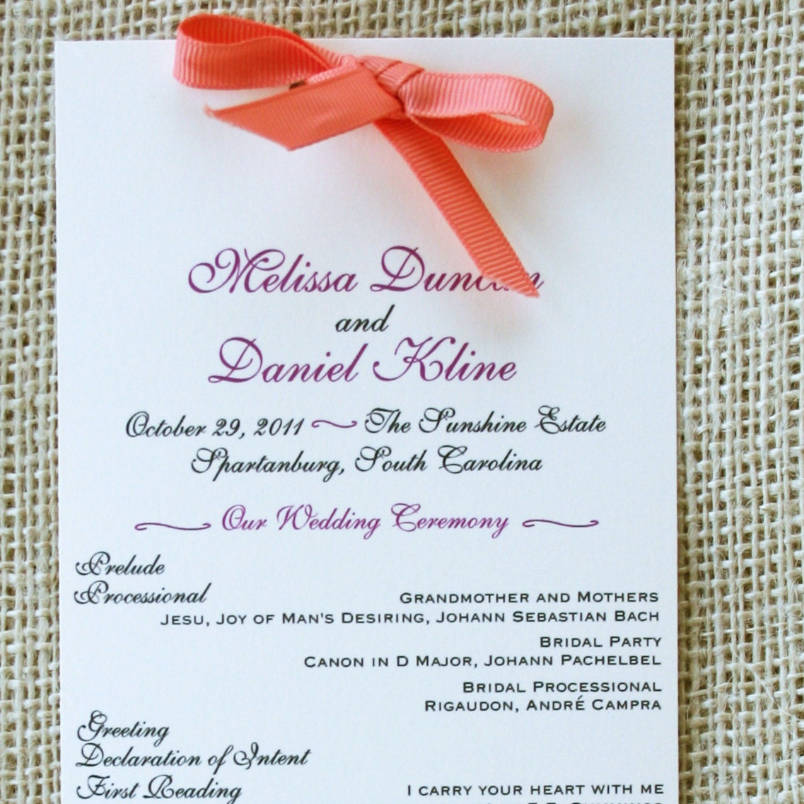 Long Rustic Wedding Program Recycled Paper Elegant Modern