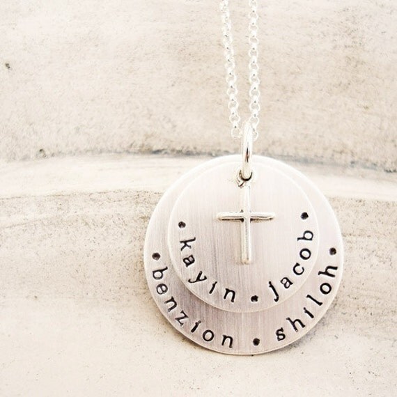 personalized hand stamped mothers jewelry... sterling silver cross necklace.. hand stamped names necklace..