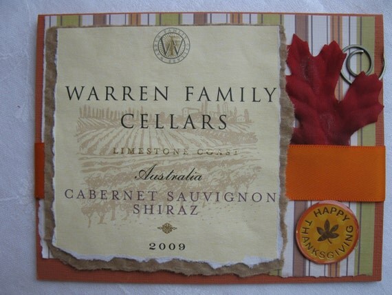 Repurposed Wine Bottle Label Thanksgiving Handmade Card Reusable Orange and Pumpkin