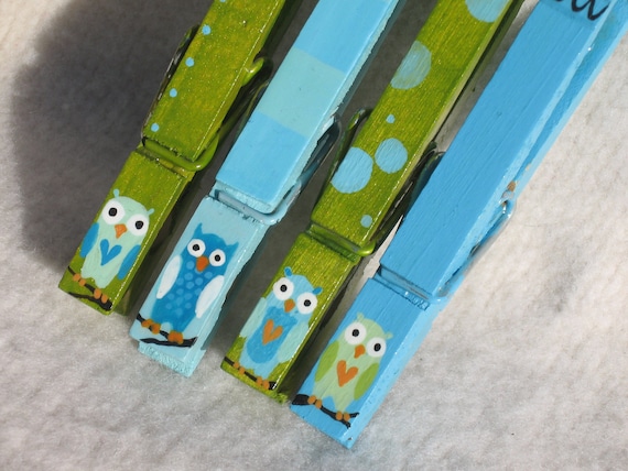 OWL CLOTHESPINS (turquoise and green) hand painted magnetic clothespins