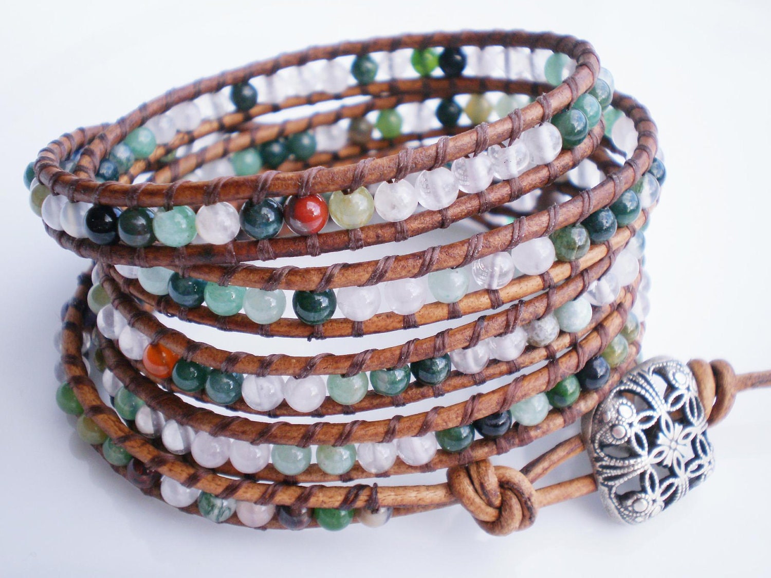 Agate Leather Wrap 5X Greens and Clears- RopesofPearls