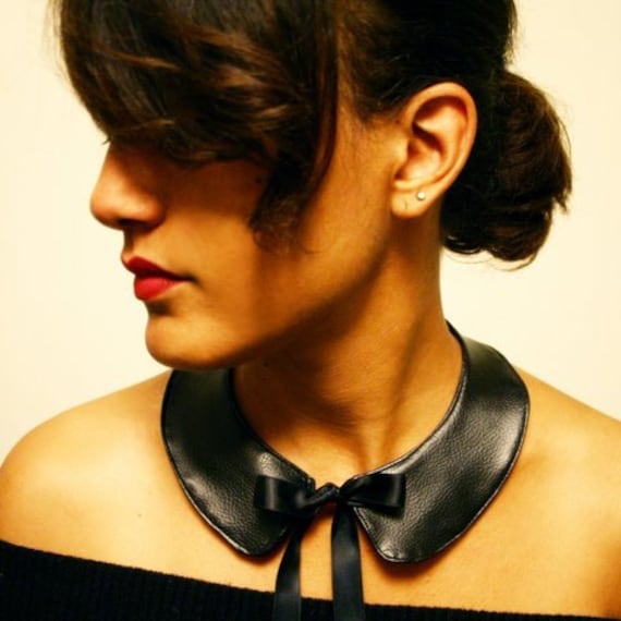 Rider - Black Faux Leather Peter Pan Bib Collar Necklace