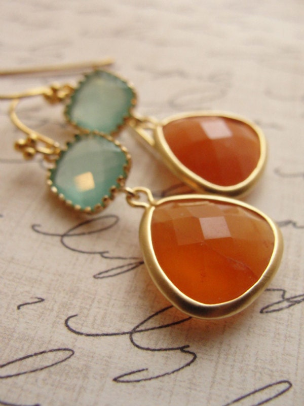 Orange and pale blue gold earrings - orange blue - orange carnelian earrings - shimmery dangle earrings