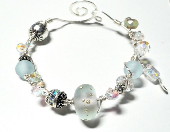 Icy Aqua Artic Blue Lampwork & Dichroic Bead Wire Wrapped Bracelet