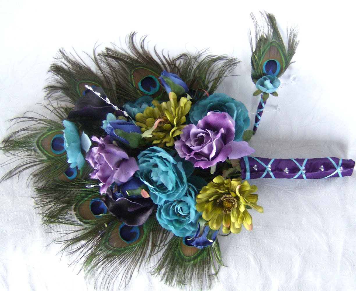 Wedding bouquet peacock feather bouquet turquoise purple eggplant green 
