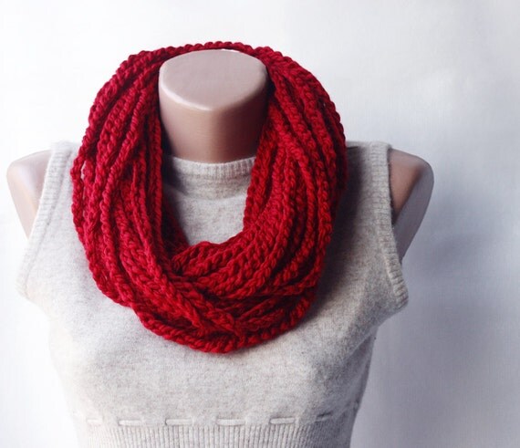 Red crochet scarf - infinity chunky wool blend - christmas winter accessories holiday