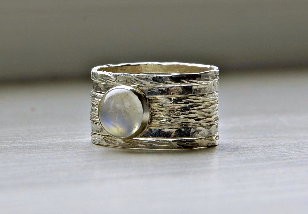 Simone unique rustic stackable wedding ring - set of five textured wedding / engagement rings with moonstone, made to order
