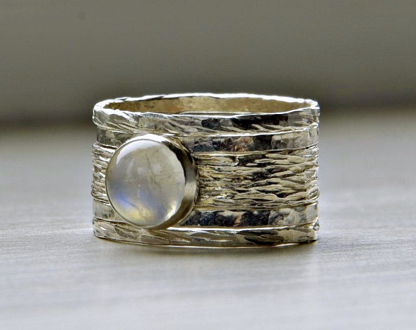 Simone unique rustic stackable wedding ring - set of five textured wedding / engagement rings with moonstone, made to order