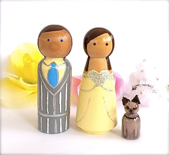 Peg Doll Wedding Cake Toppers and Pet Natural Wood Peggies Personalized 