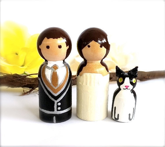 Wedding Cake Toppers with 1 Pet Custom Wood Peg Dolls Personalized Bride 