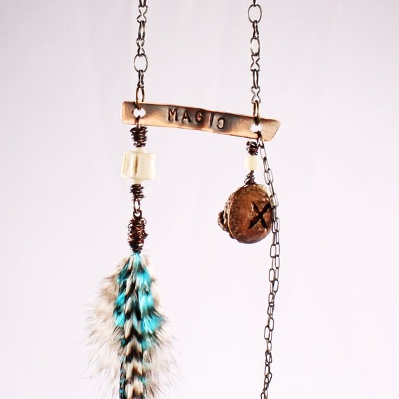 Magic Feather Necklace Acorn Bone Charms earth Goddess delicate dangle chains Magical Pendants Gypsy Native Spells indian inspired OOAK