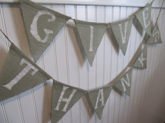 GIVE THANKS Sweet Burlap Bunting in white