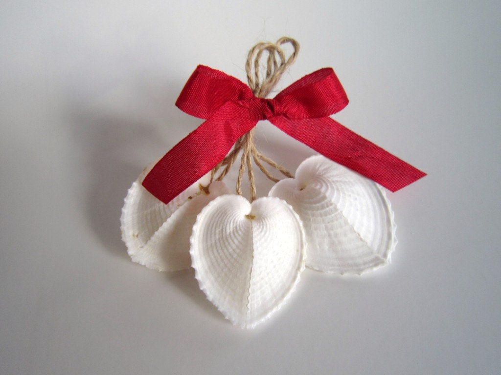 Valentine Heart Ornaments -set of 3- heart seashell white Valentine decorations valentines gifts wedding decor beach decor wedding favors