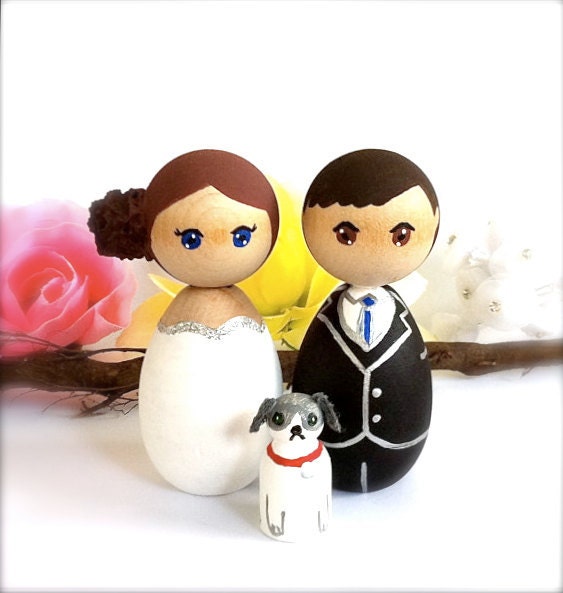 Wedding Cake Toppers Bride Groom with 1 Pet Custom Kokeshi Dolls Wood Peg 