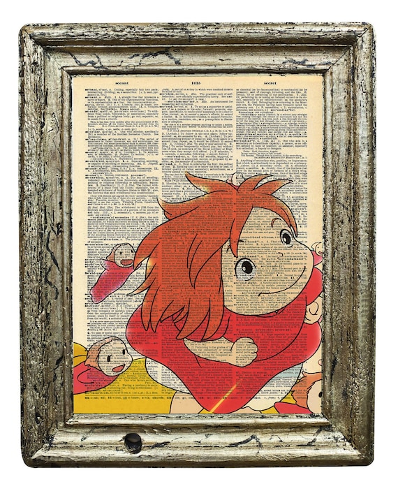 Ponyo- Ponyo Swimming to Sôsuke - Studio Ghibli Inspired Print 8 x 10 Upcycled Antique Dictionary Paper