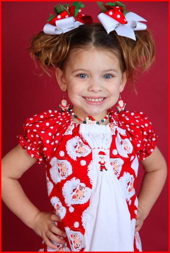 Boutique Hand-Smocked Santa Dress & Applique Jeans Set-christmas, applique, santa, outfit, jeans, boutique, custom, dress, holiday