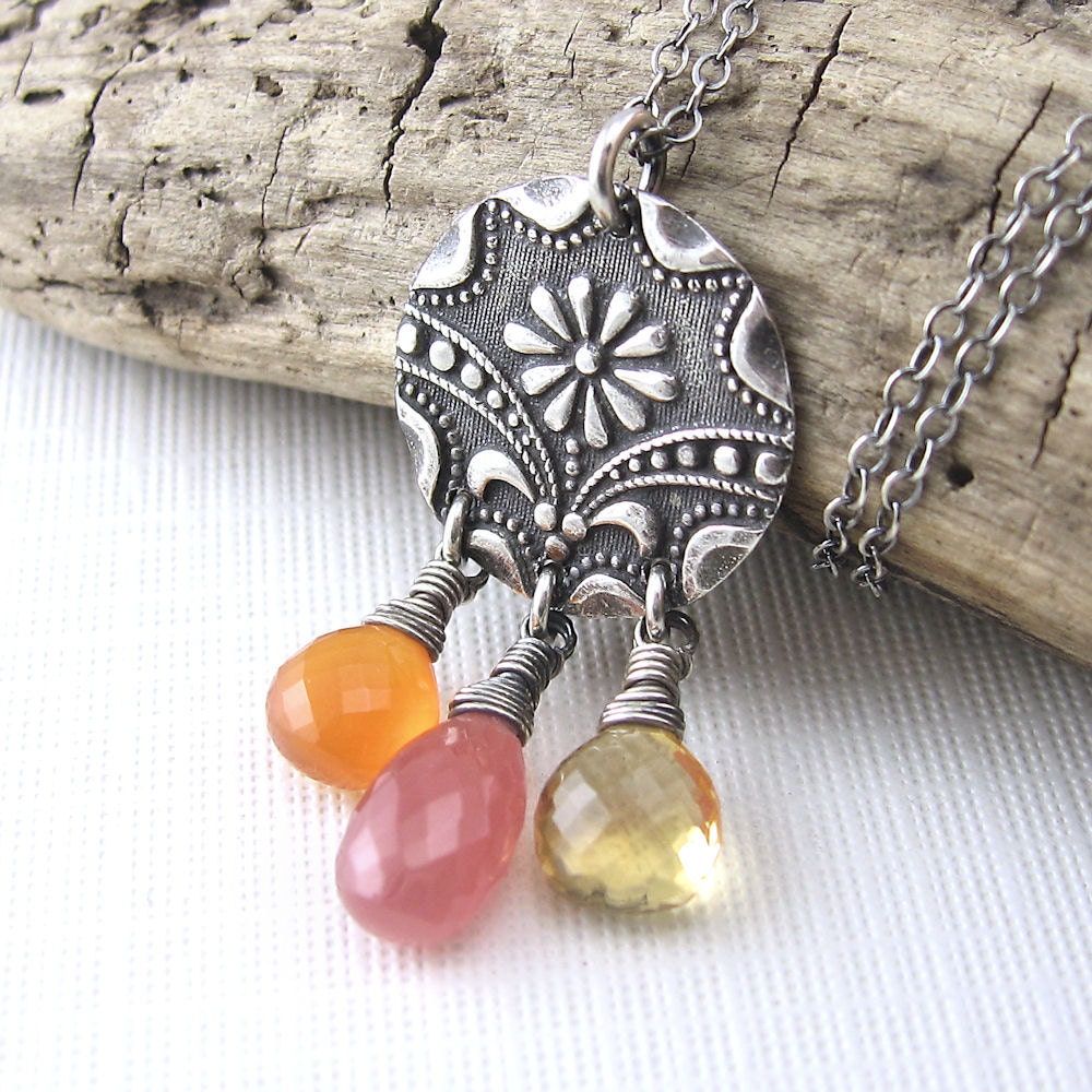 Antique Button Necklace Gemstone Carnelian Citrine Rhodochrosite Sterling Silver Designer Fashion Jewelry - Sunrise - Jennifer Casady