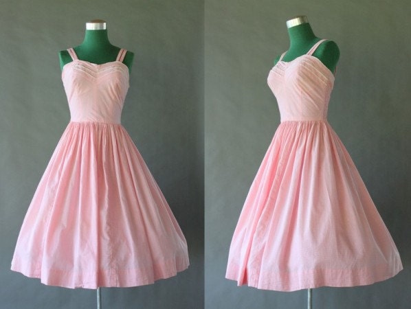 1950s Sundress - Smocked Pink Cotton Full Skirt 50s Dress