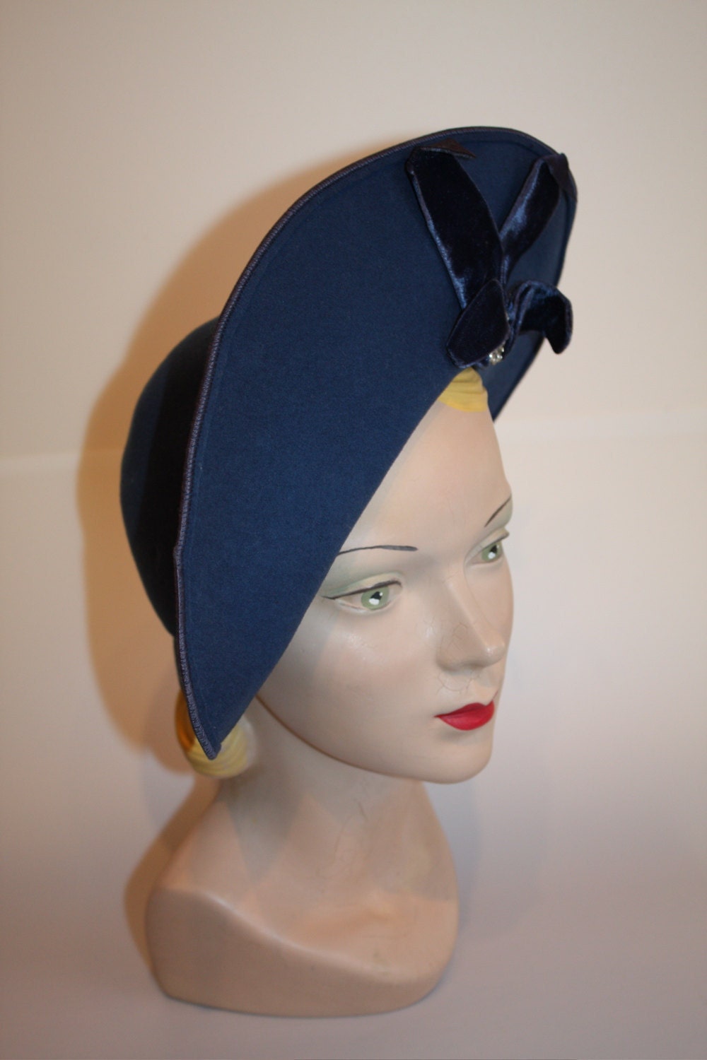 The London Blitz - Late 1930s WWII RAF Blue Felt Turned Brim Topper w/Velvet Bow & Pave Pin