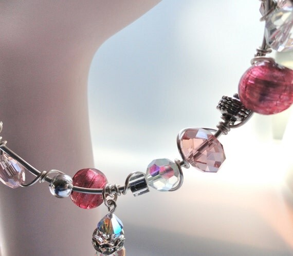 Falling Roses Honeysuckle Pink Crystal & Beads Wire Wrapped Bracelet