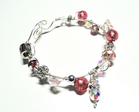 Falling Roses Honeysuckle Pink Crystal & Beads Wire Wrapped Bracelet
