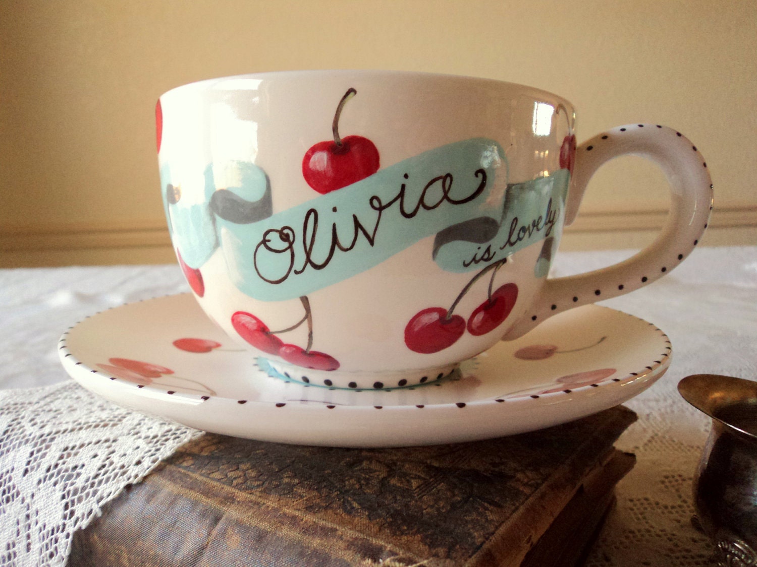 Cherries in the Snow. Custom Personalized Latte Mug and Saucer with Cherries