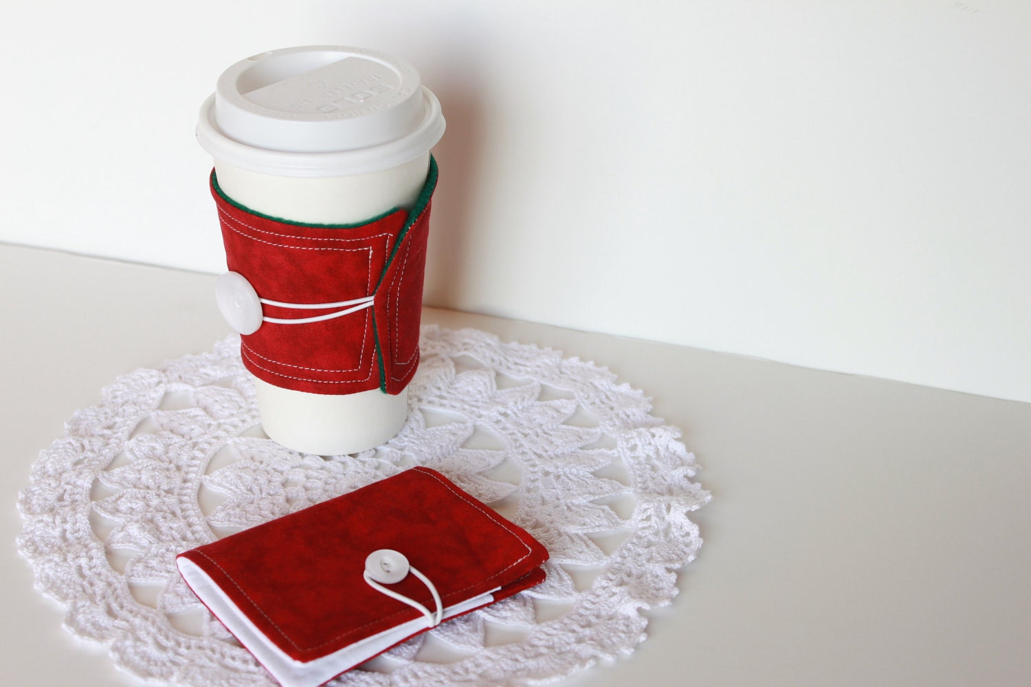 Coffee Cozy and Tea Wallet Gift Set.  Christmas Red and White.  Gift Card Holder. Business Card Holder. Stocking Stuffer. For Her. For Him.