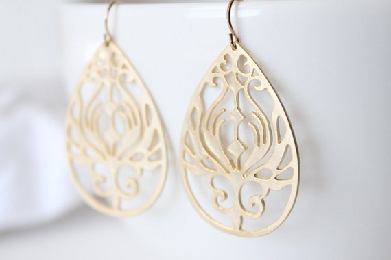 Peacock Teardrop Earrings - Paisley Peacock - Gold