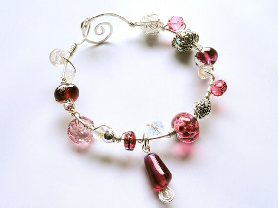 Raspberry Ripple Lampwork Bead Wire Wrapped Bracelet