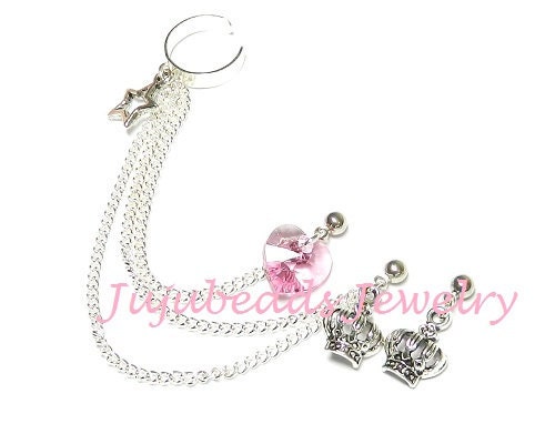double piercings on ear. Royal Pink Heart - Double Piercing Chain Ear Cuff Earring Set
