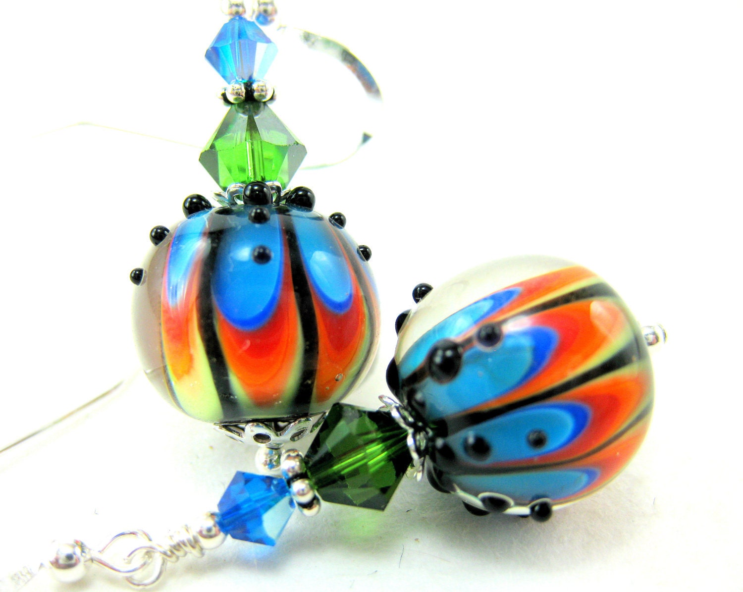 Rainbow Earrings, Rainbow Lampwork Glass Bead Earrings, Crystal Sterling Silver - Electric Rainbow