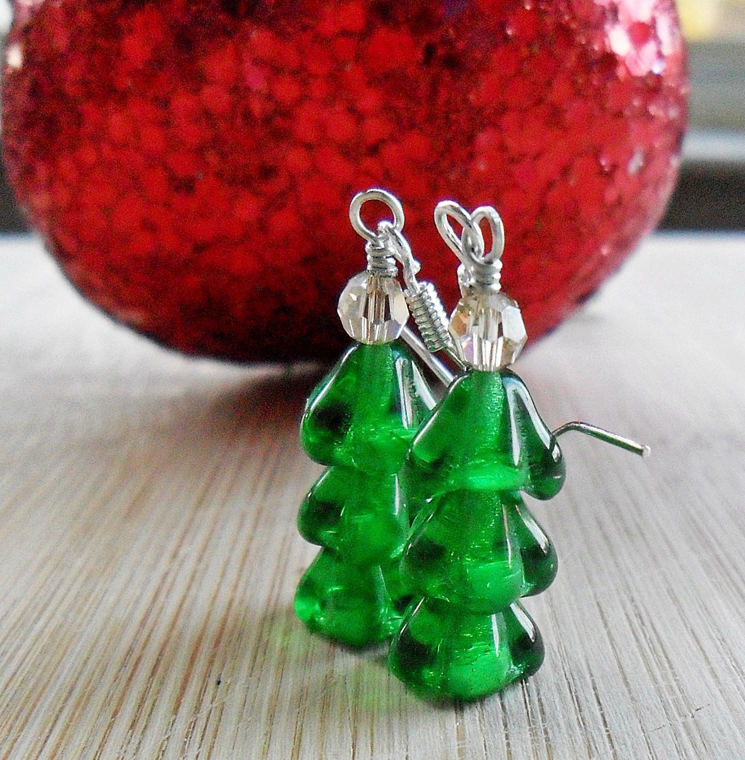 Christmas Tree Earrings, Sterling Silver Christmas Jewelry Emerald Green Czech Glass Christmas Earrings, December