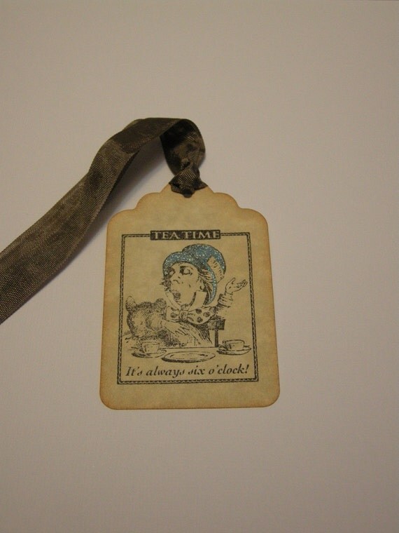 Vintage Style Mad Hatter Tea Party Gift Tags - Alice in Wonderland - shabby chic style, glitter - Set of 5