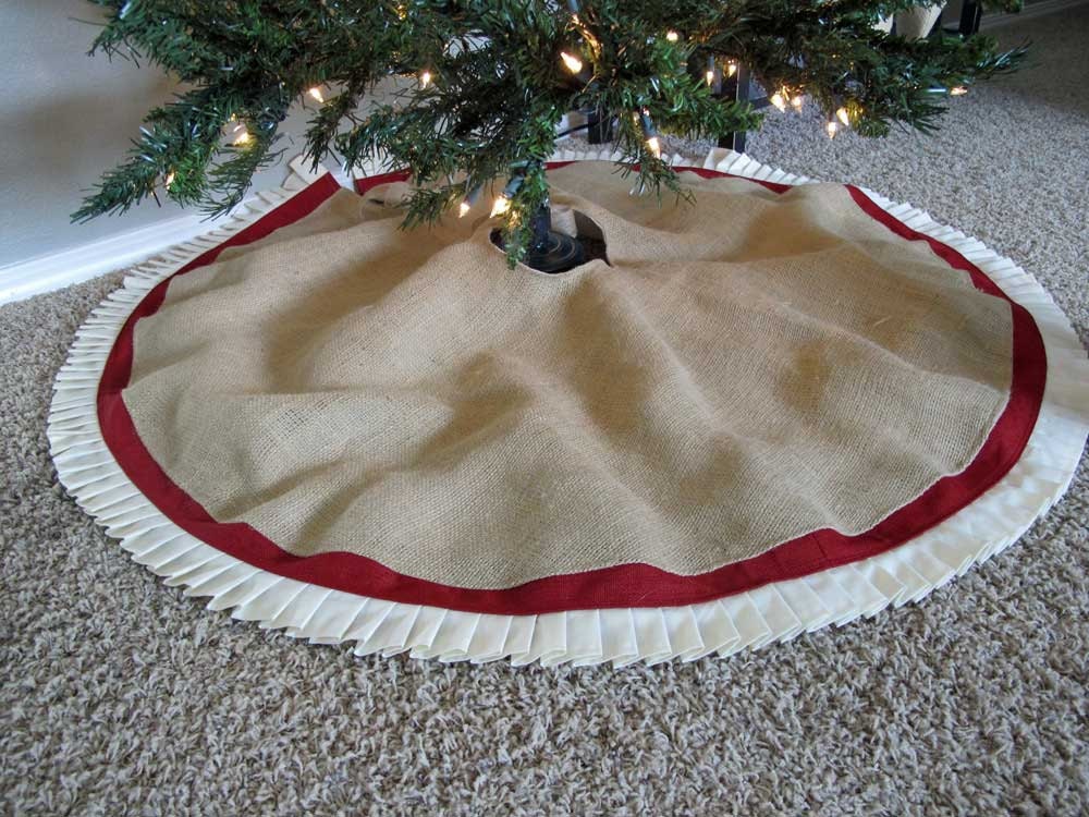 Christmas Tree Skirt in Burlap with Red Accent and hand pressed pleats - 48" - Ships in 2012