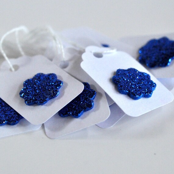 12 Blue Glitter Sunburst Mini Tags Threaded White