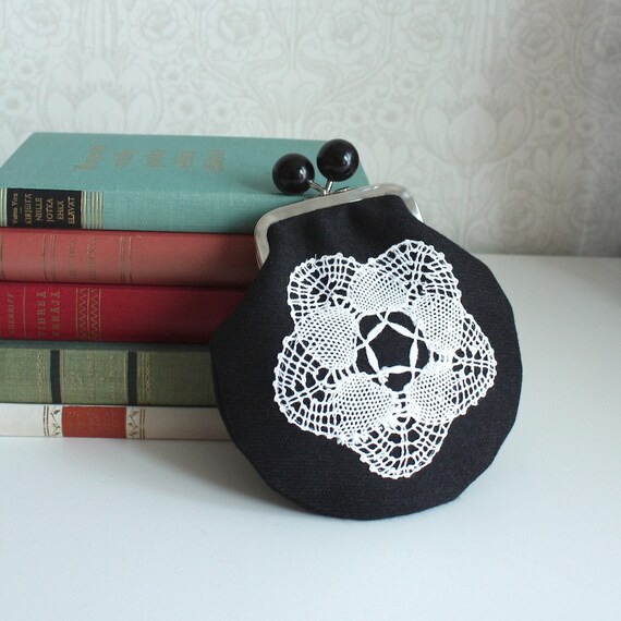 coin purse with vintage lace and black wool