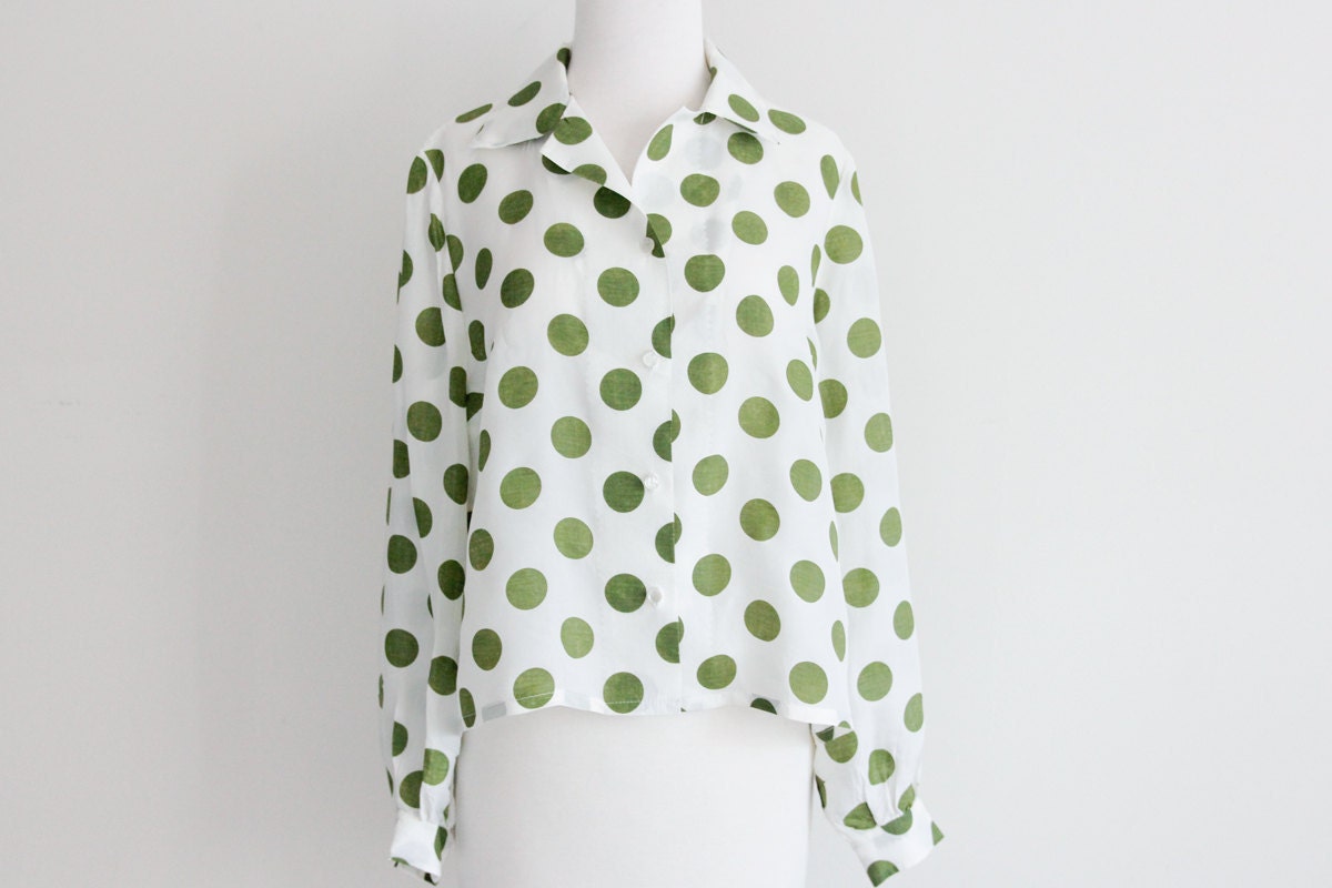 Olive green polka dot blouse // vintage 60s womens shirt
