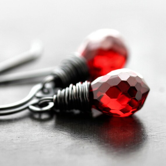 Red Earrings, Garnet Red Faceted Briolette Oxidized Sterling Silver Dangle Earrings - Fire Engine