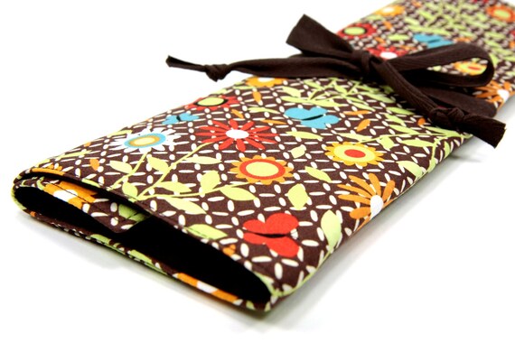 Large Knitting Needle Case Organizer - LATTICE - 30 brown pockets for circular, straight, dpn, or paint brushes