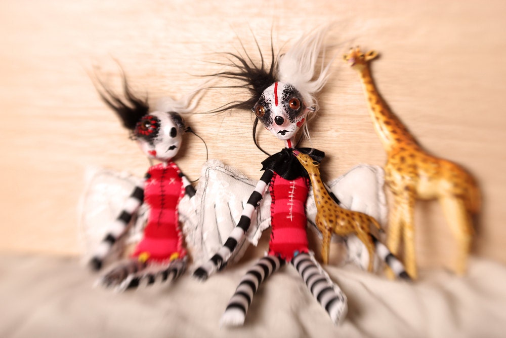 Carnival Clown Doll punk rock Guardian Angel art puppet plush strange stripe Pirate leggings white wings Circus Marionette Ragdoll