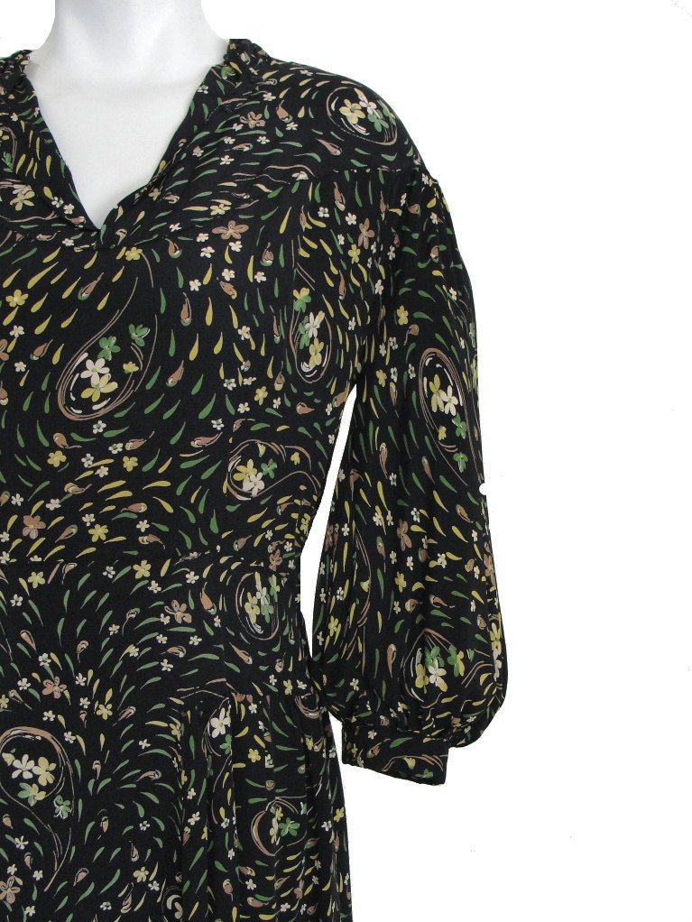Vintage 30s Dress / 1930s Dress / Black Floral Dress